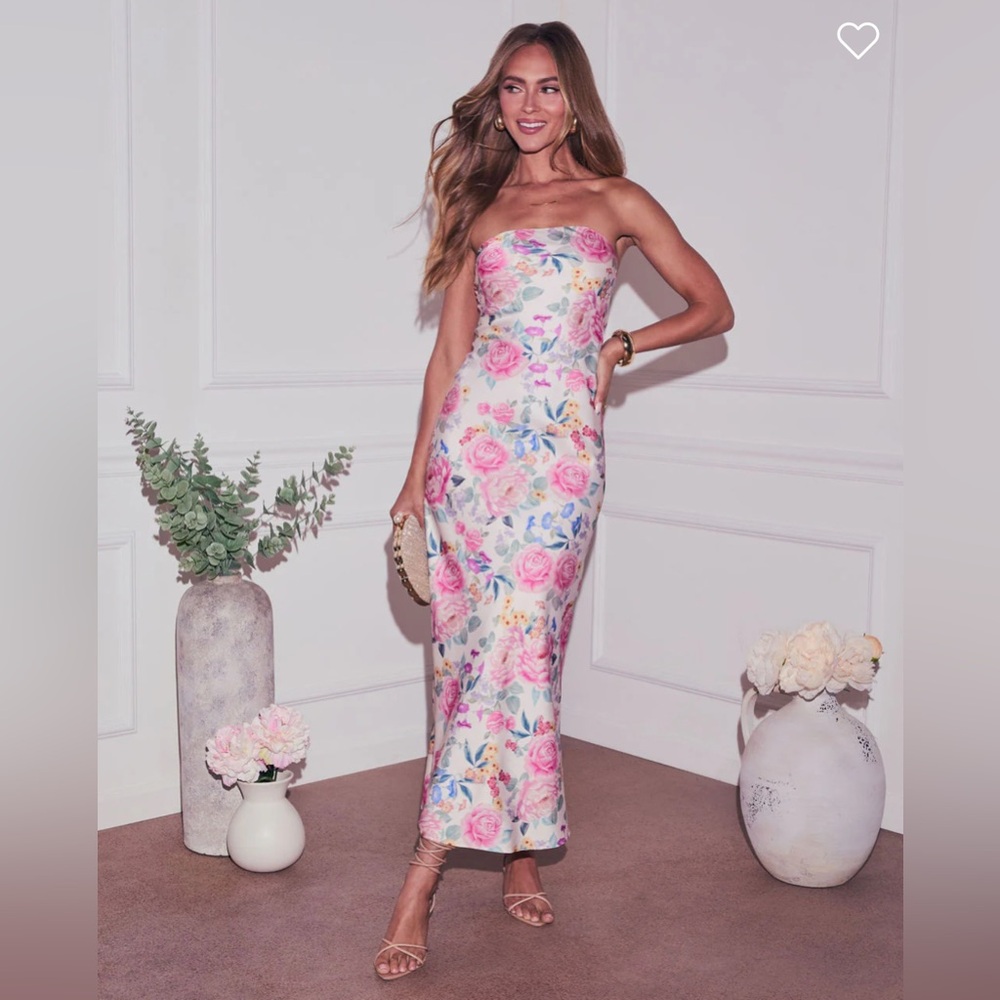 New! Vici Jodie Printed Strapless Satin Midi Dress